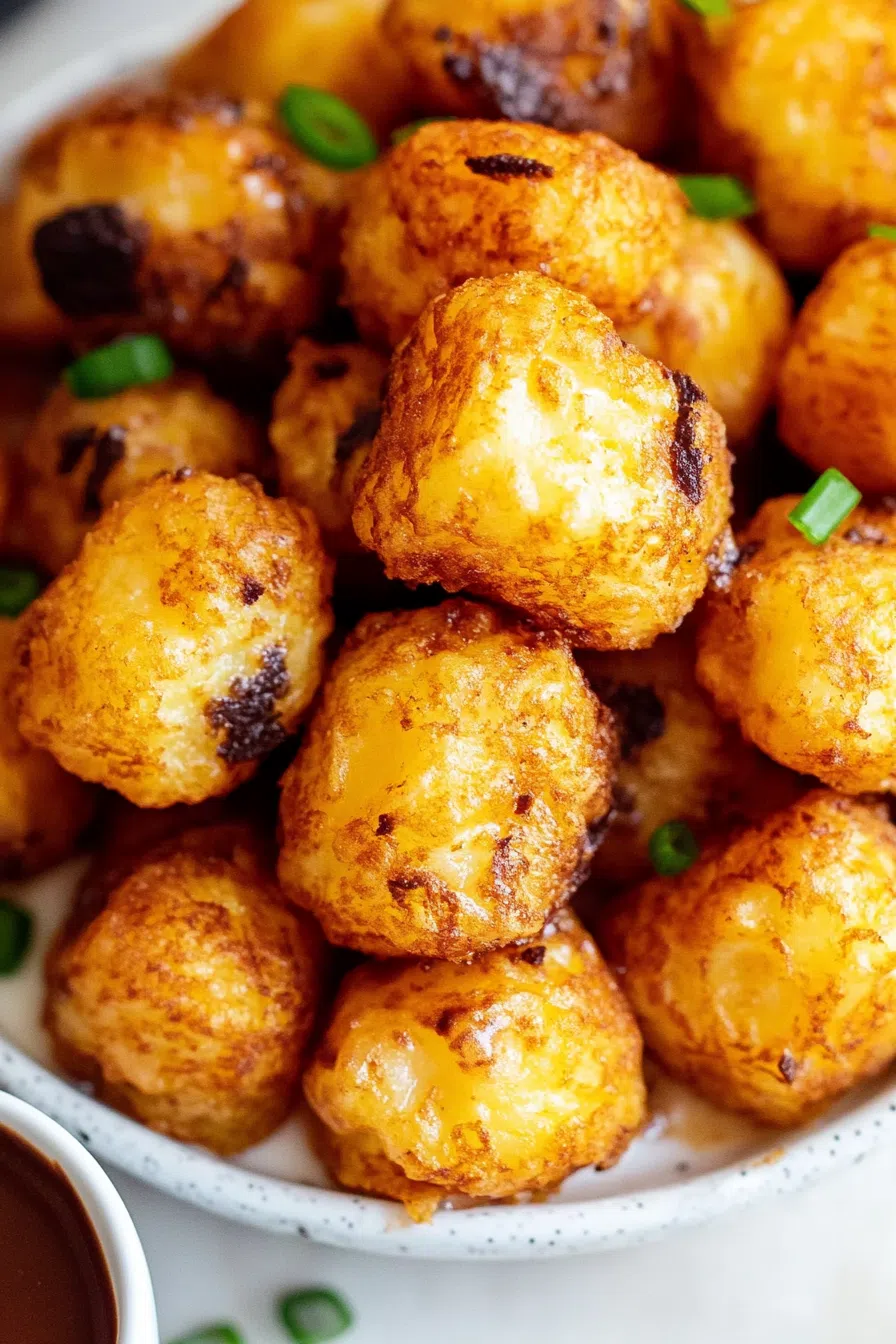 Close-up of crunchy tater tots piled on a plate.