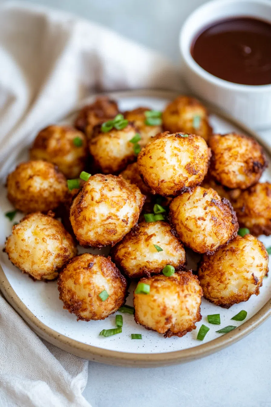 A small bowl of dipping sauce next to a plate of freshly cooked, crunchy potato snacks.