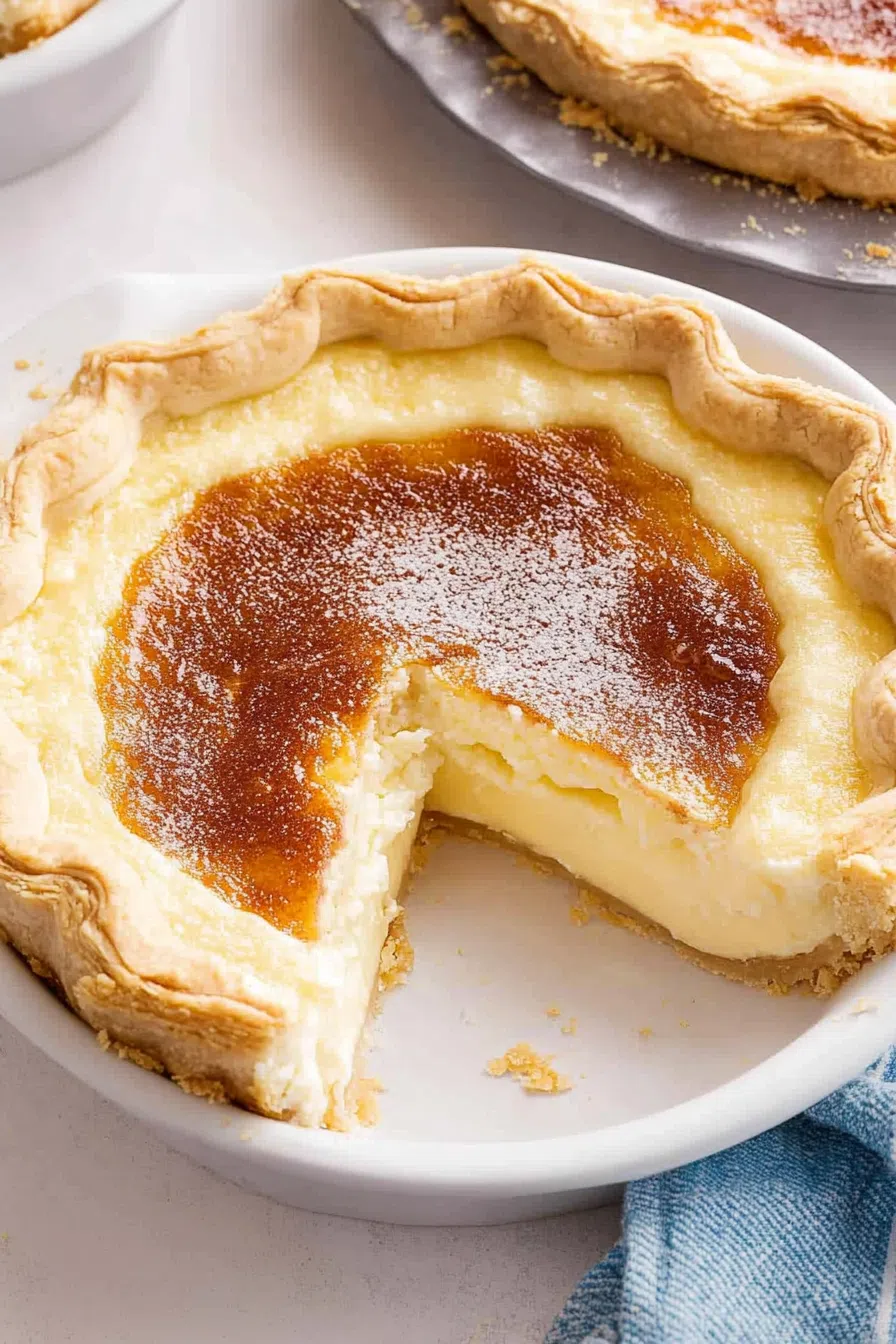 A freshly baked pie with a glossy, caramelized top, ready to be served.