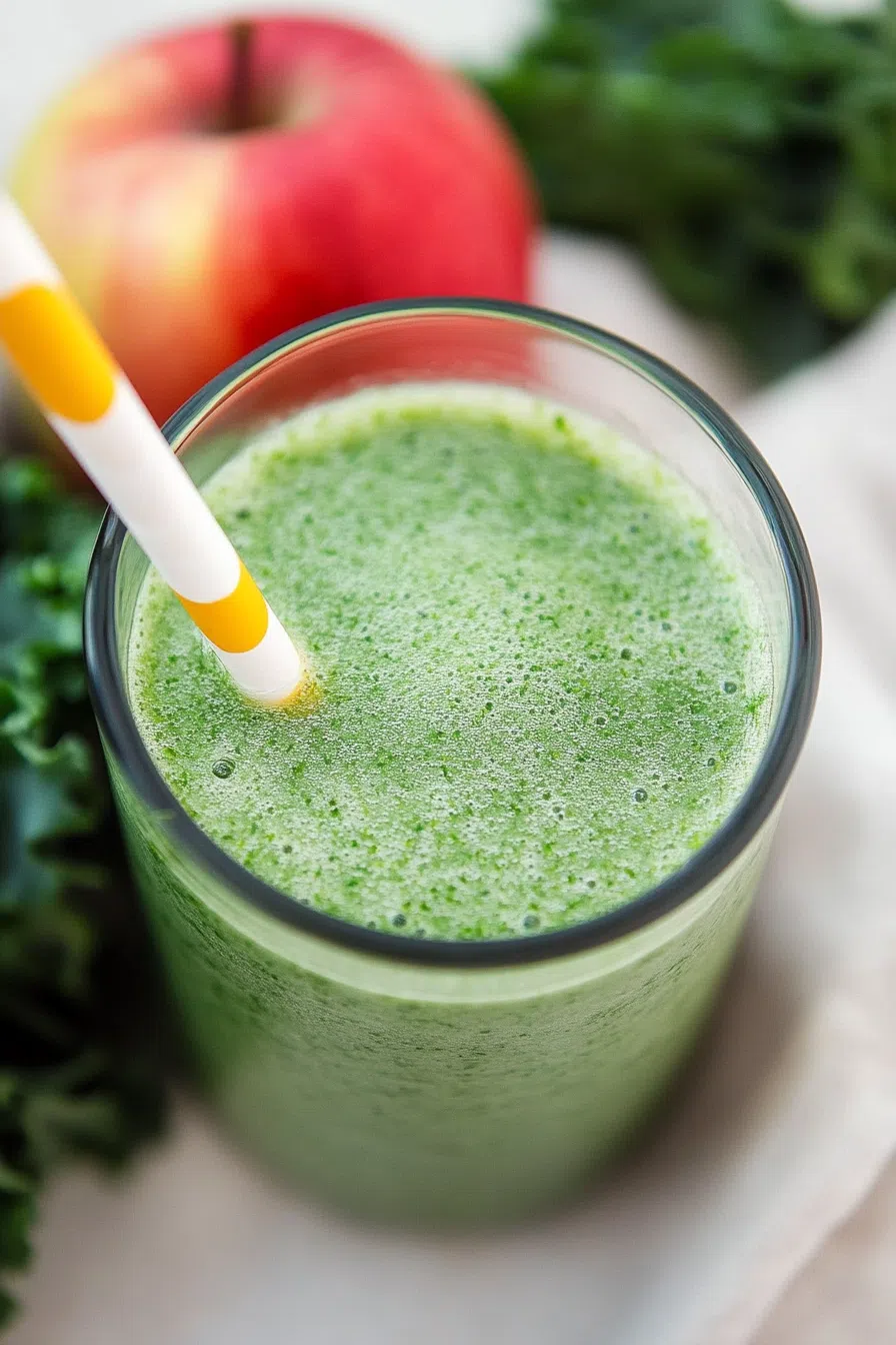Close-up of creamy green smoothie with visible apple chunks.