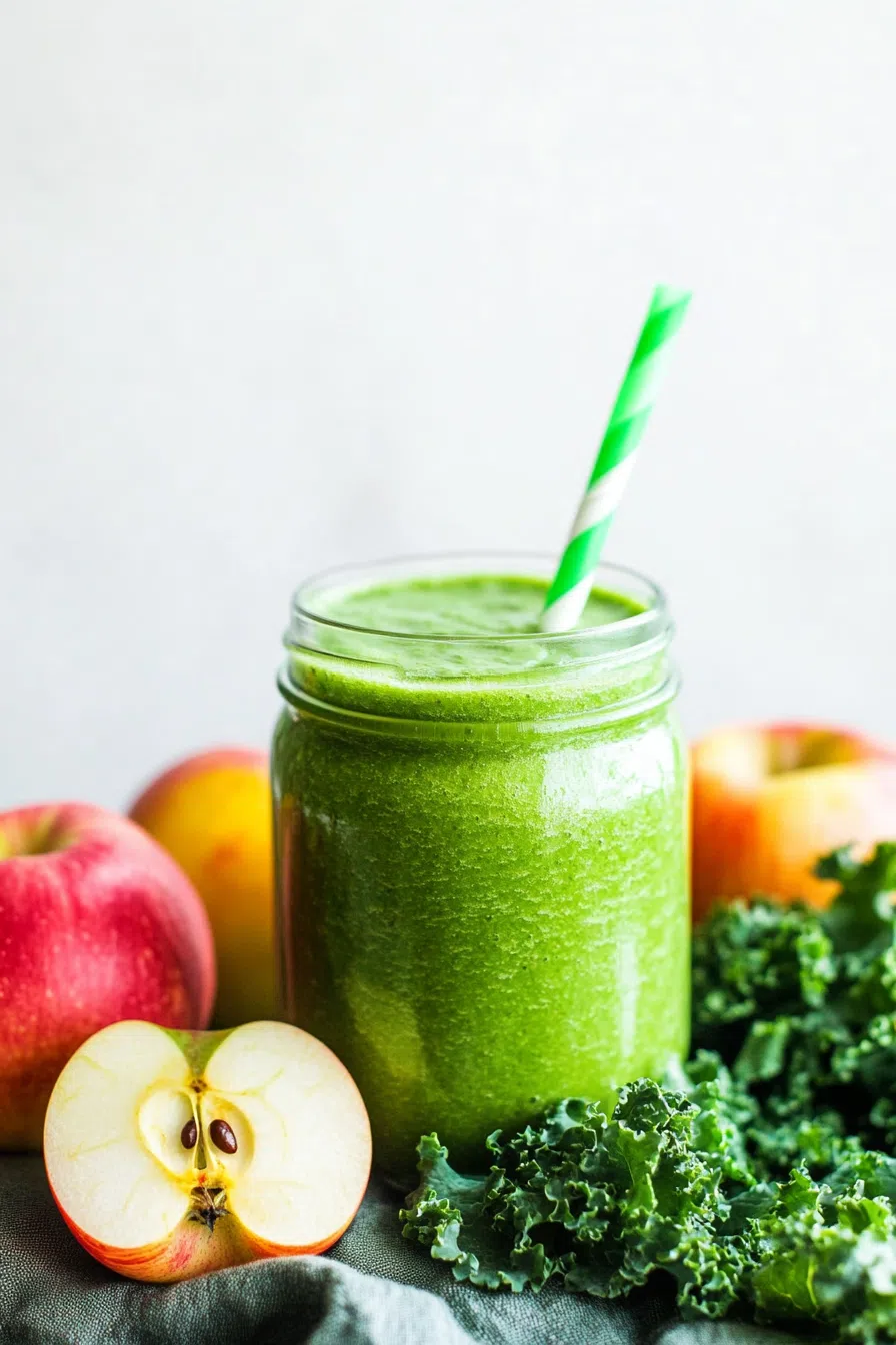 A nutritious green smoothie with spinach and apples beside it.