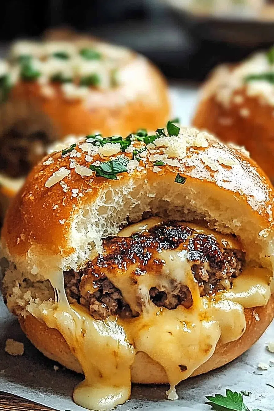 Close-up of a stuffed dough ball with cheese and bacon spilling out.