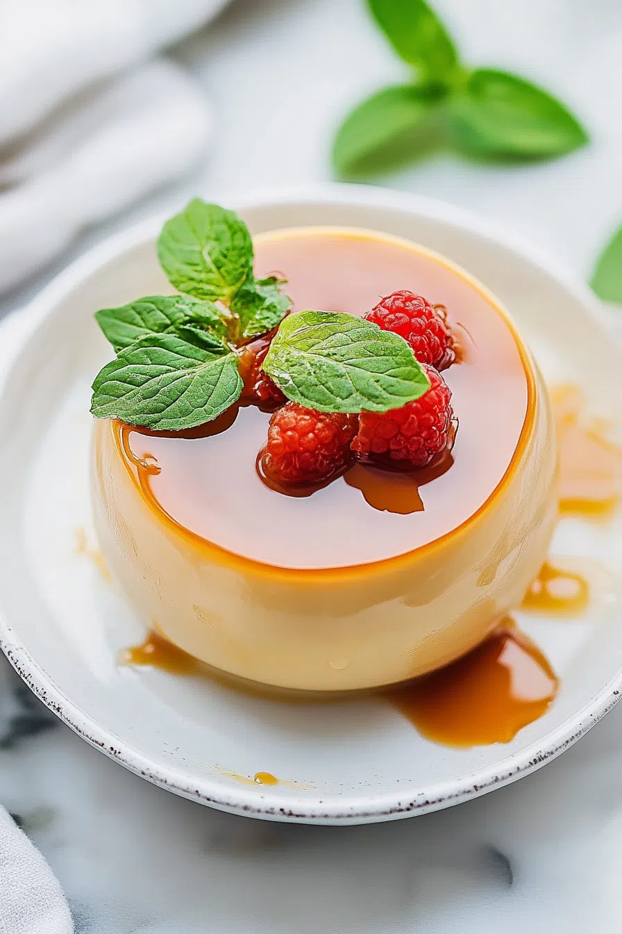 A smooth caramel flan with a golden glaze on a white plate.