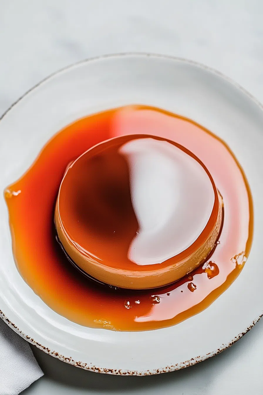 A flan served with caramel sauce drizzled over the top.