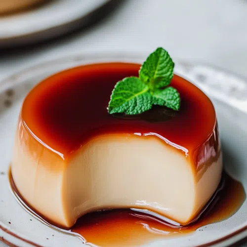 Close-up of a sliced flan showing its silky consistency.