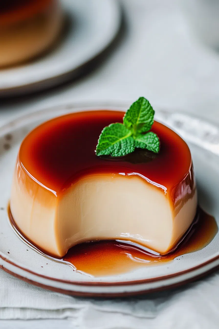 Close-up of a sliced flan showing its silky consistency.