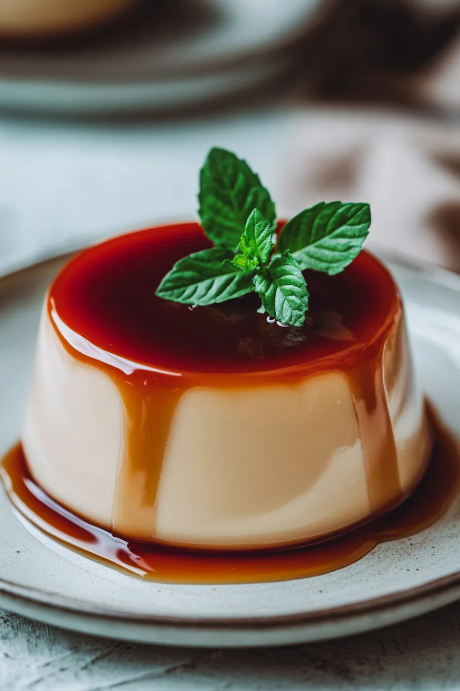A round flan with a shiny caramel layer, garnished with mint leaves.