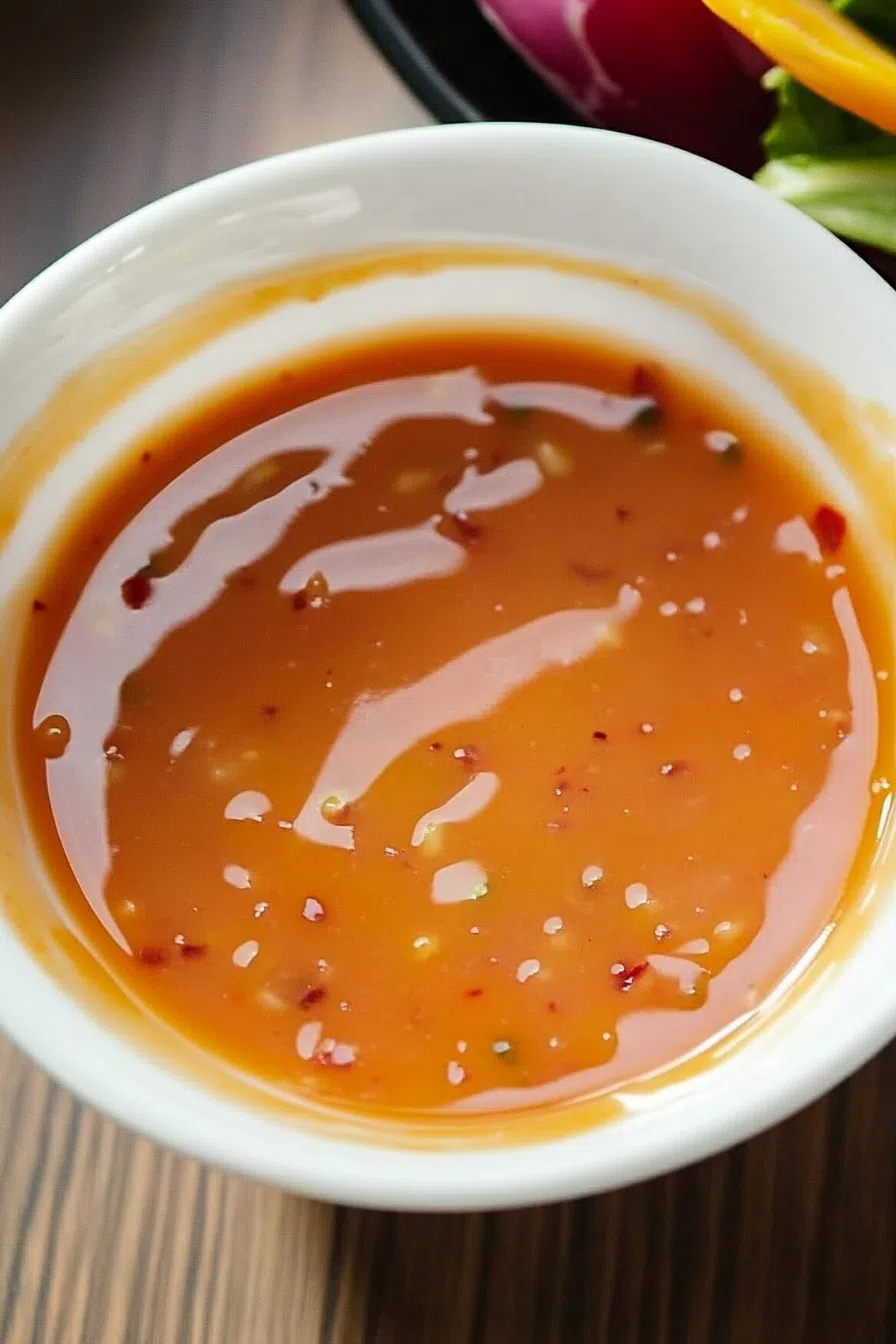 A small bowl of creamy orange salad dressing placed beside a plate of freshly chopped lettuce and sliced cucumbers.