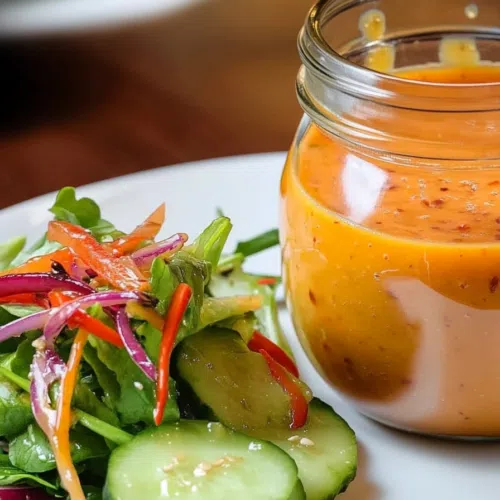 A small jar of homemade, tangy salad dressing next to a fresh salad