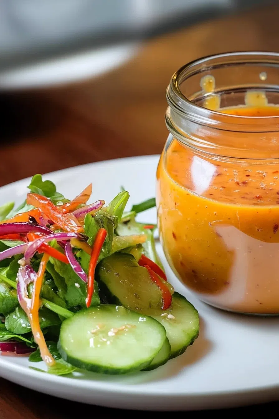 A small jar of homemade, tangy salad dressing next to a fresh salad