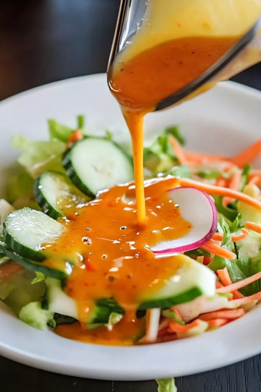 Close-up of a smooth and rich dressing being drizzled over a crisp garden salad with vibrant greens and carrots.