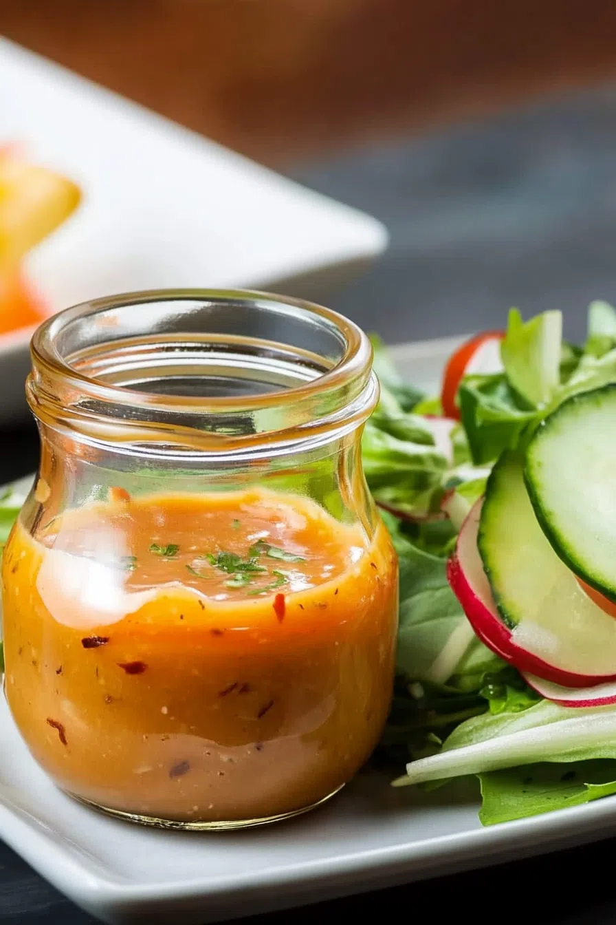 Smooth and creamy dressing served glass jar beside a salad.