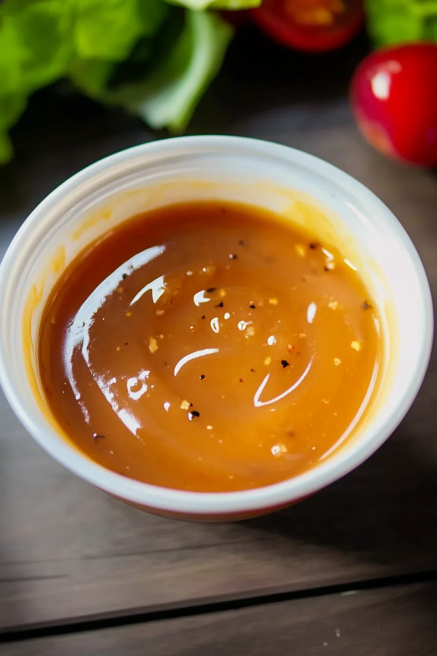 Elegant presentation of a fresh salad paired with a small dipping bowl of the vibrant orange dressing on the side.
