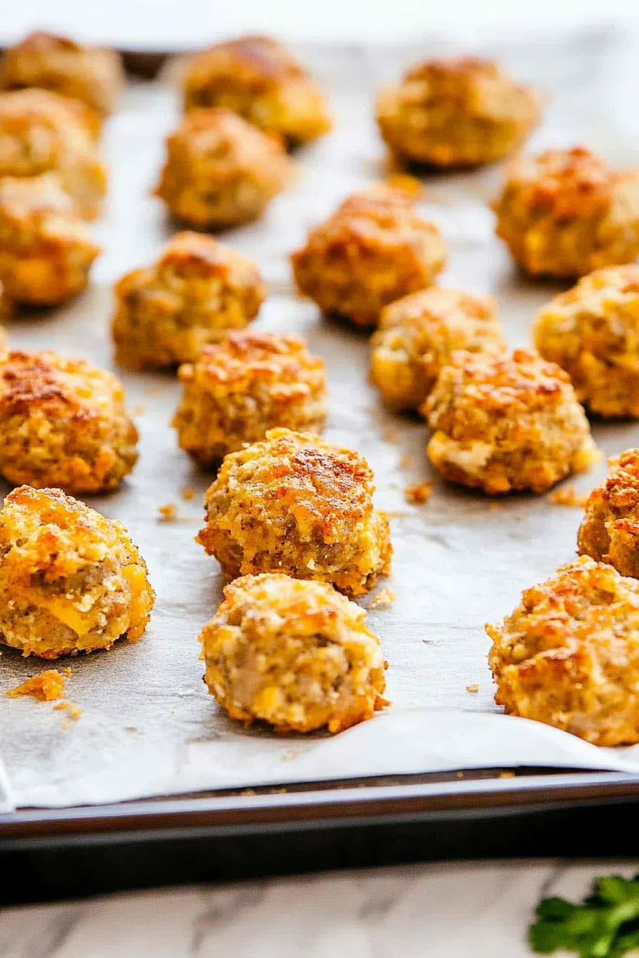 Freshly baked sausage and cheese balls with a golden crust.
