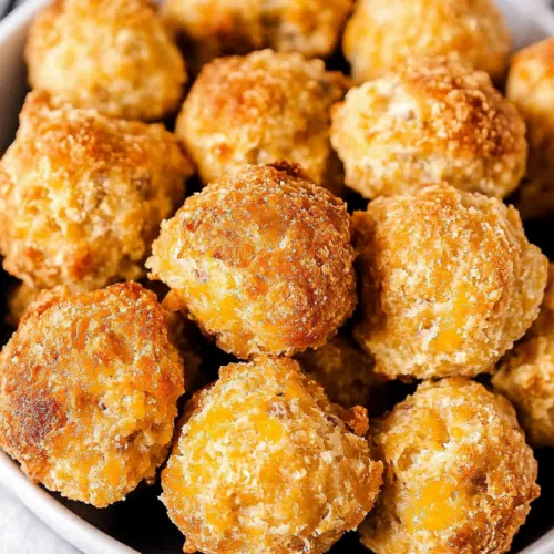A close-up of crispy baked sausage bites with a dipping sauce.