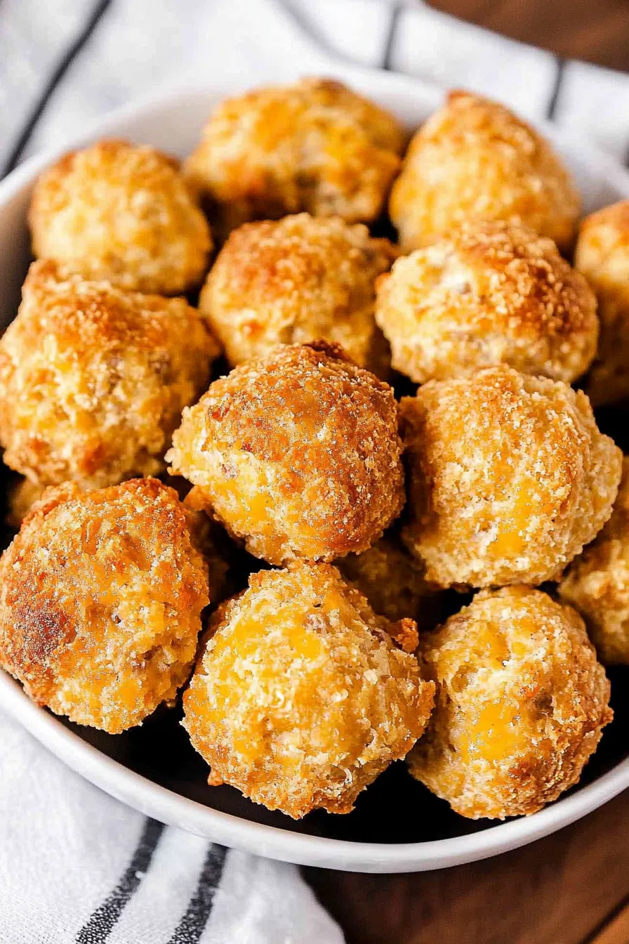 A close-up of crispy baked sausage bites with a dipping sauce.
