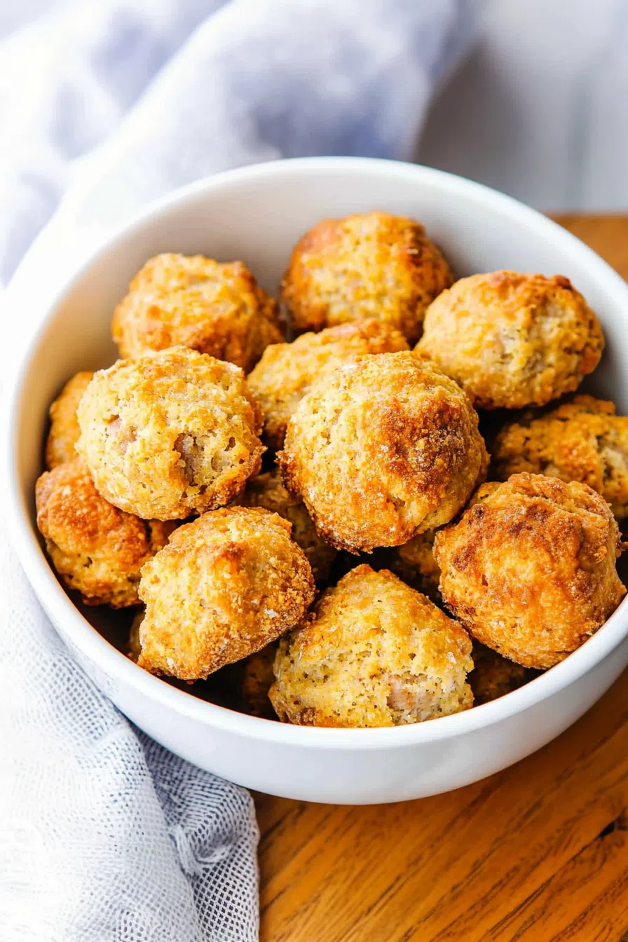 Freshly baked sausage and cheese balls with a golden crust.