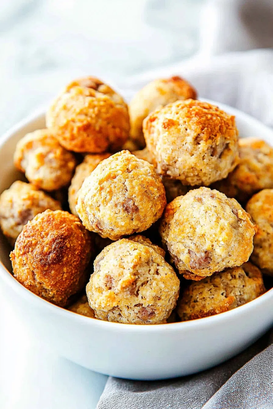 Golden-brown bite-sized sausage and cheese appetizers on a serving plate.