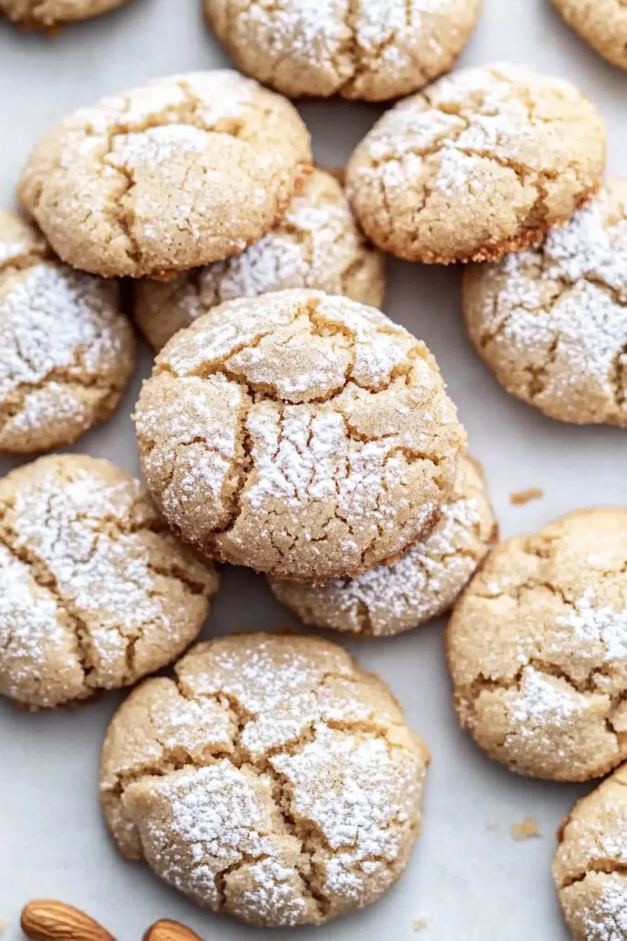 A stack of freshly baked cookies with a crinkled, sugar-dusted surface.