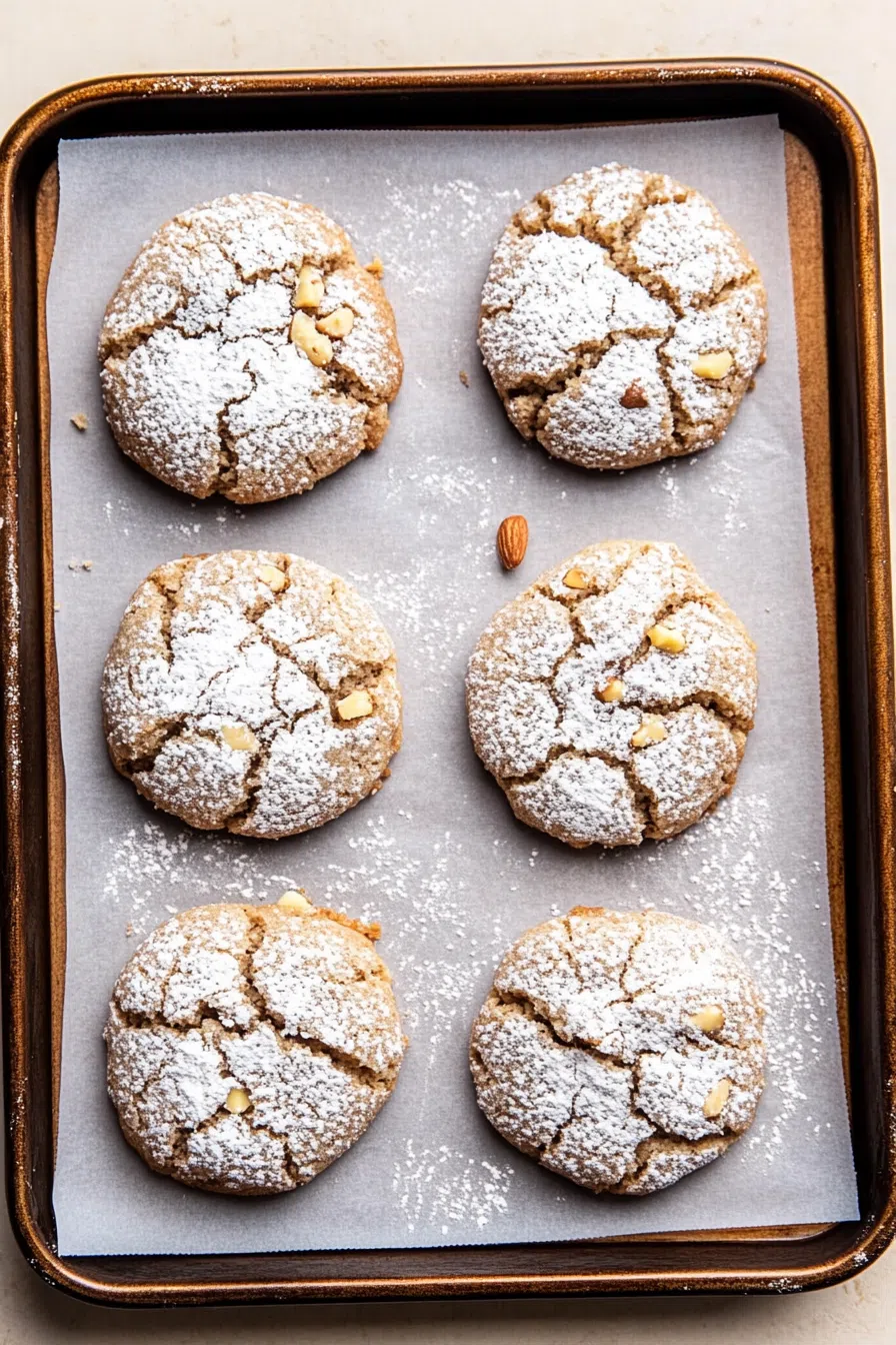Freshly baked cookies with a crinkled surface and a dusting of sugar.