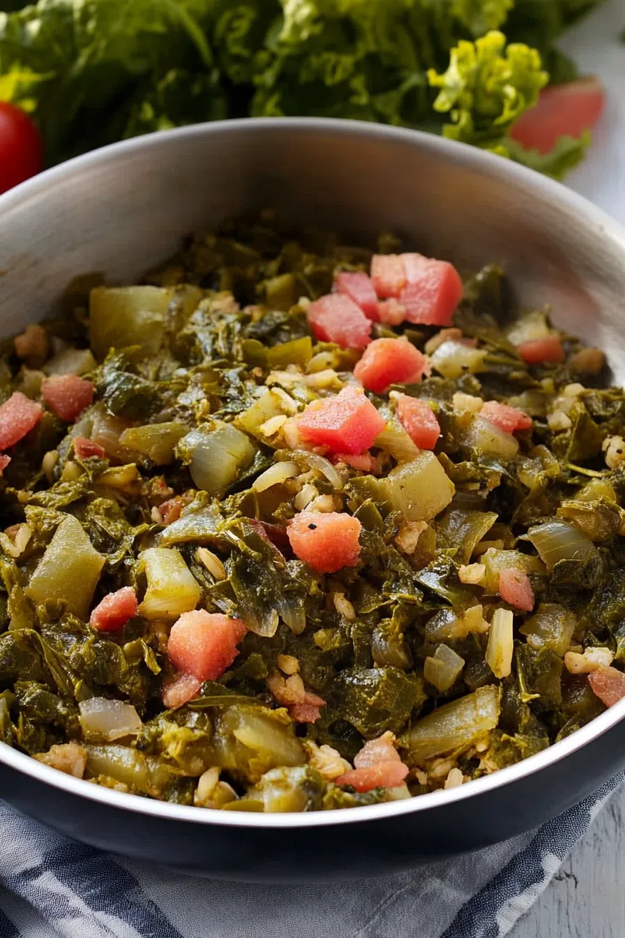 A bowl filled with colorful bell peppers, onions, and flaky fish mixed with callaloo.
