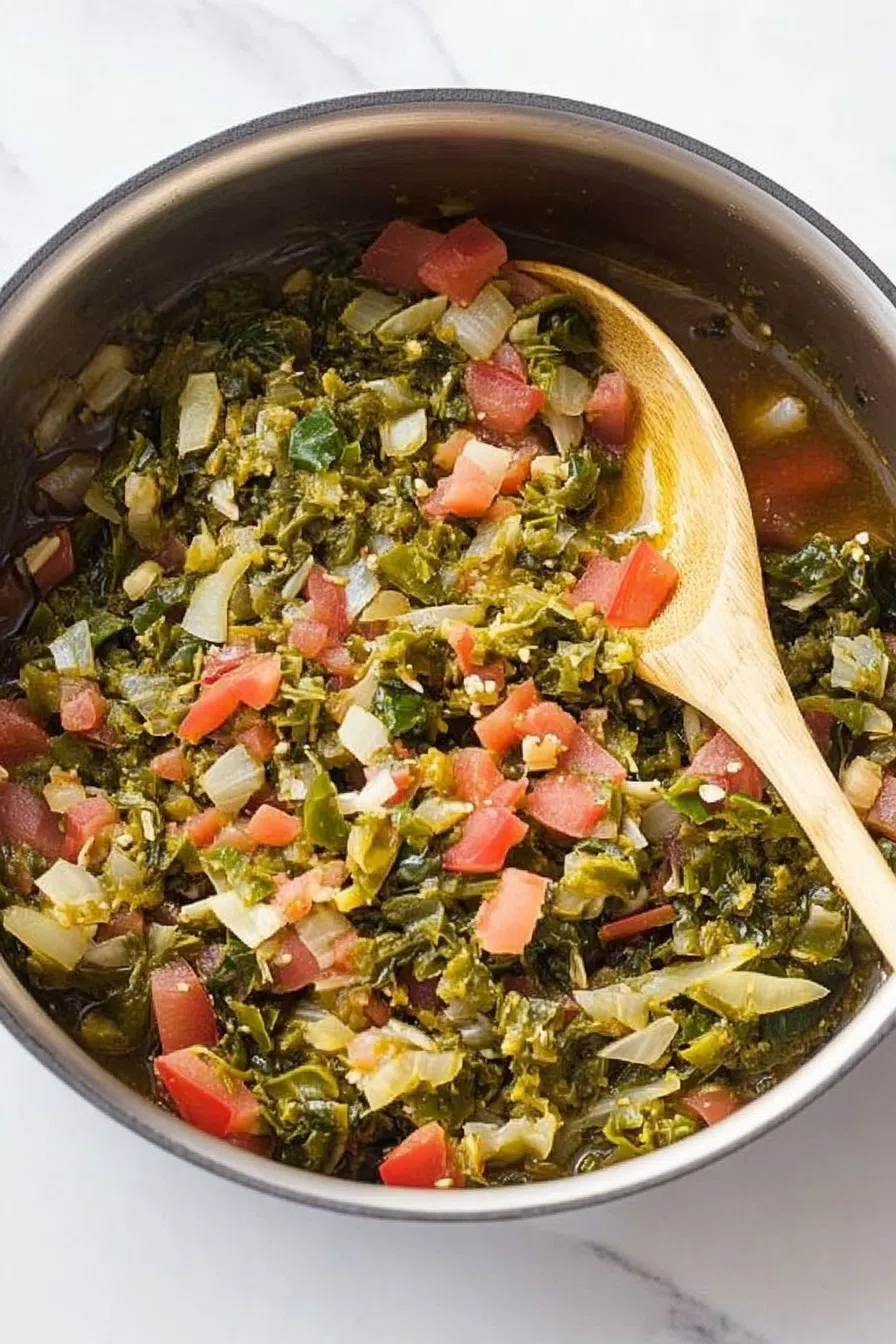A vibrant plate of sautéed greens with flaked saltfish and peppers.