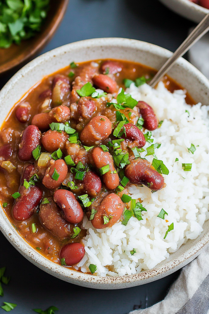 A hearty plate of rice topped with flavorful, slow-cooked beans and garnished with herbs.