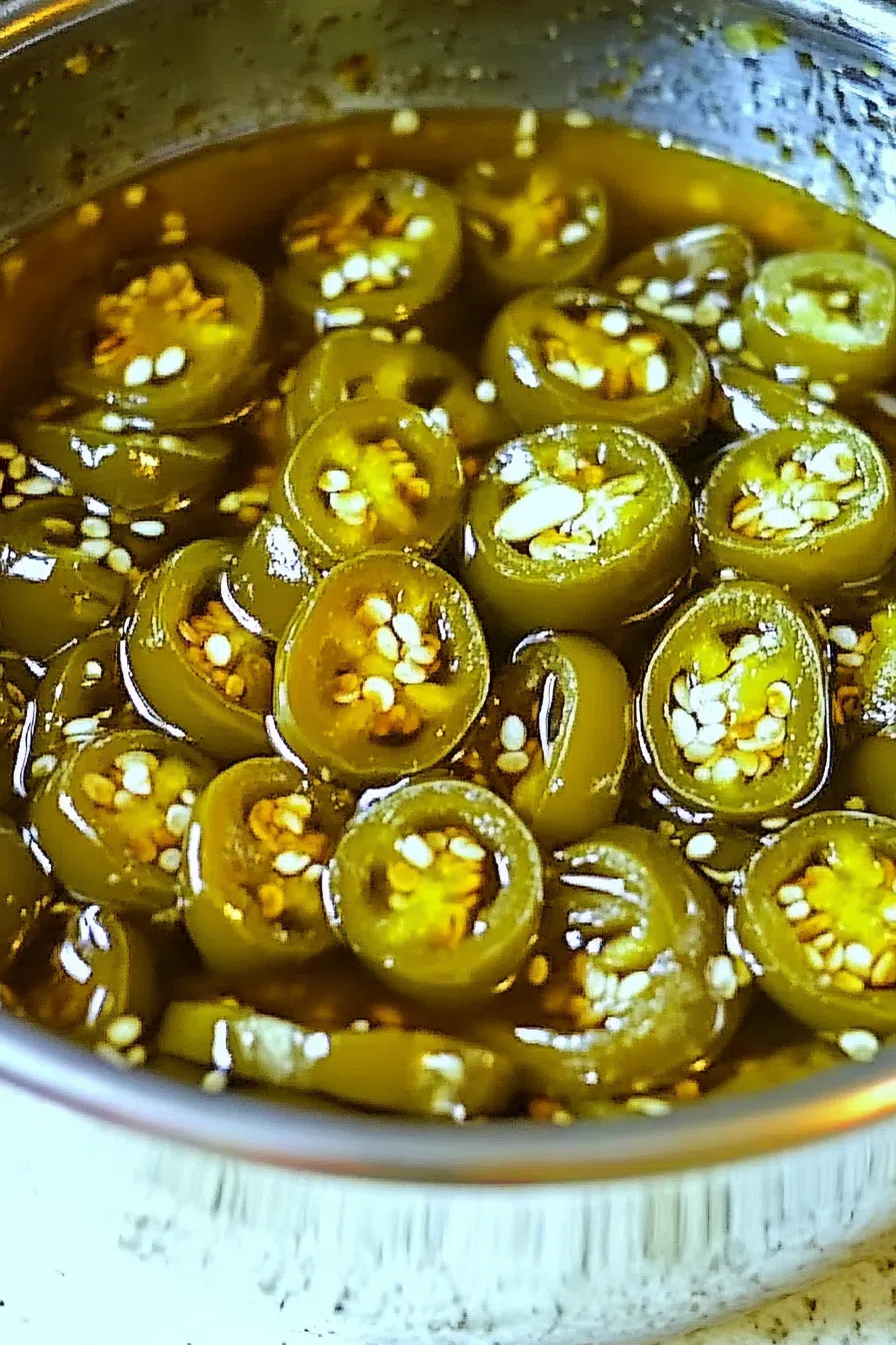 A close-up of vibrant green jalapeño rings coated in a sticky, golden glaze.