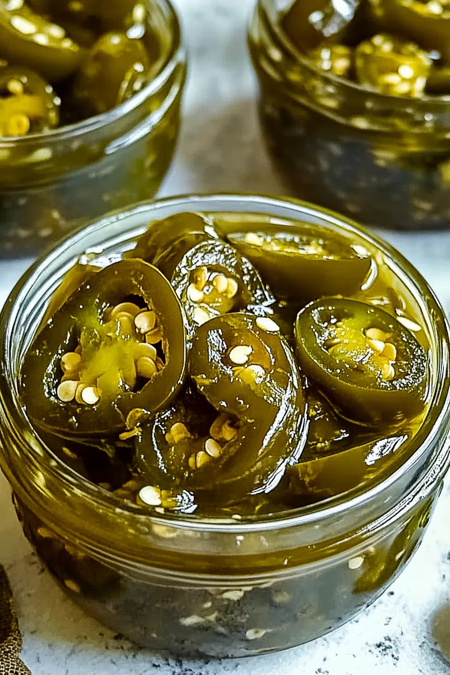 Close-up of vibrant green jalapeño rings glistening in a thick, sticky glaze.