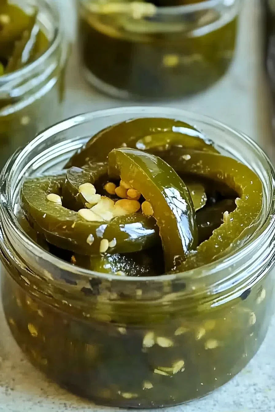 A glass jar filled with glossy, caramelized jalapeño slices in a thick syrup.
