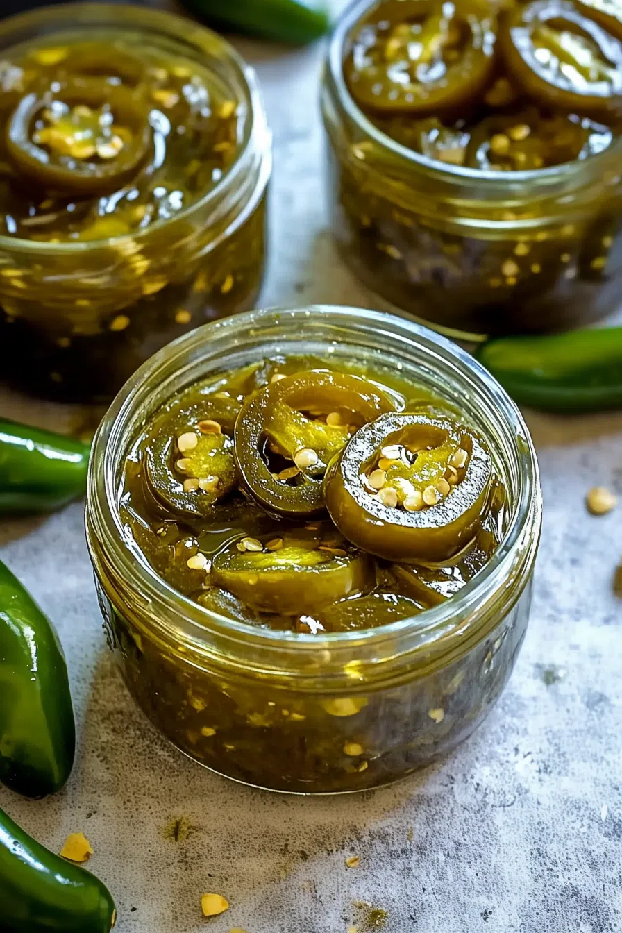 A jar filled with glossy, syrup-coated jalapeño slices, reflecting light beautifully.