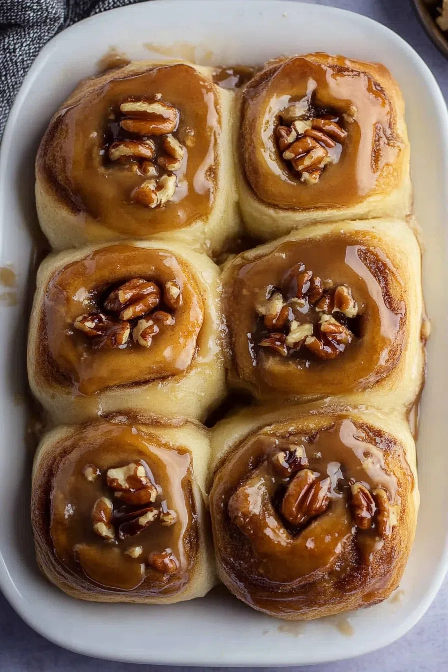 Freshly baked rolls drizzled with a rich, glossy caramel sauce and topped with pecans.