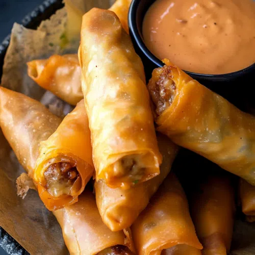 Spring rolls stacked on parchment paper with a side of dipping sauce.