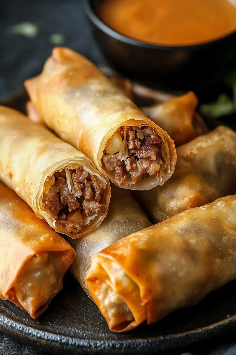 A close-up of a crispy roll broken in half, revealing a cheesy, beefy filling.