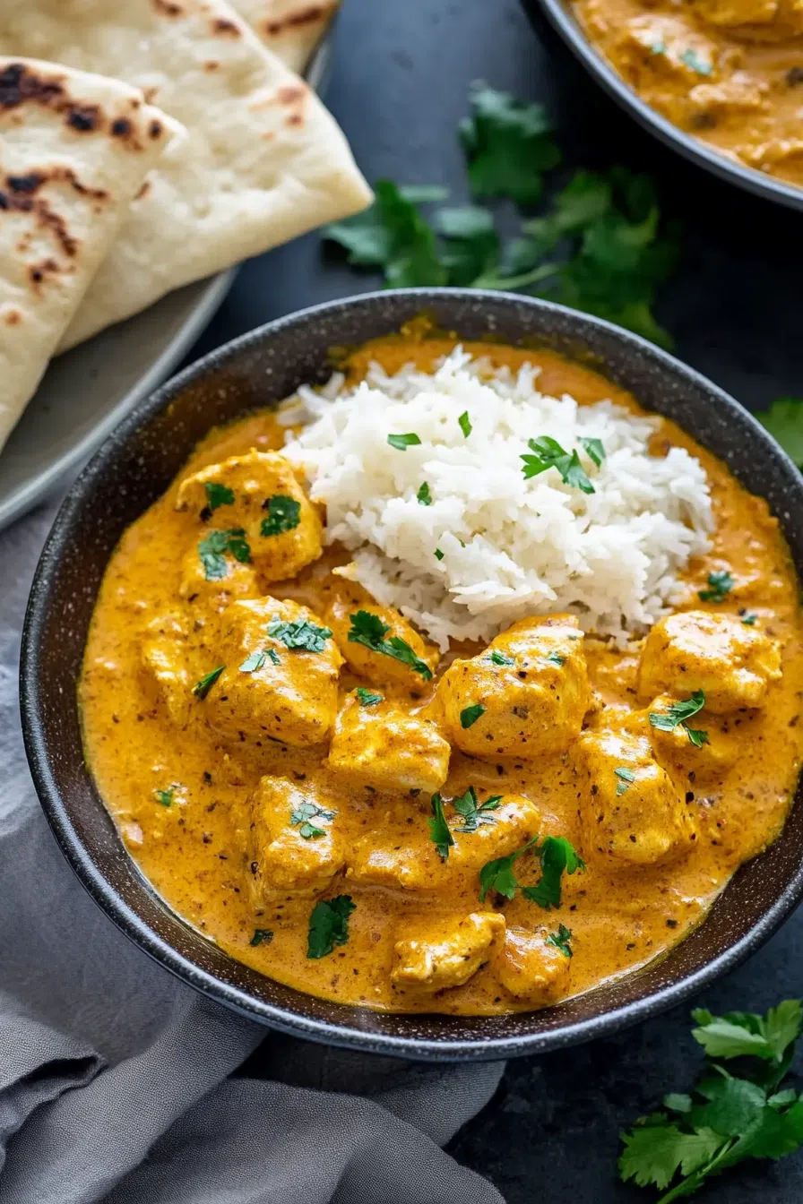 A beautifully plated curry dish with naan on the side for dipping.