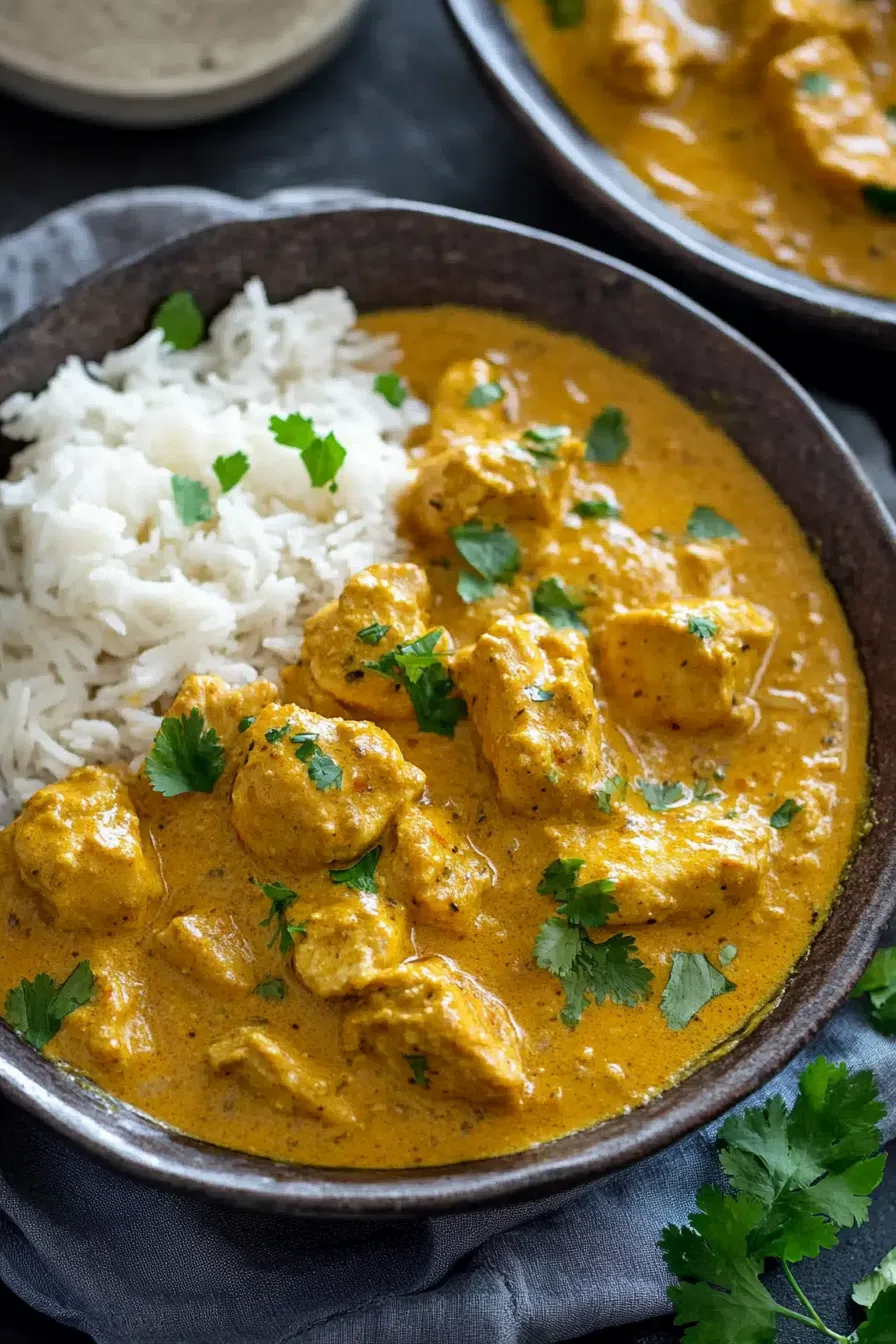 Plated curry with a side of basmati rice and a sprinkle of fresh cilantro.