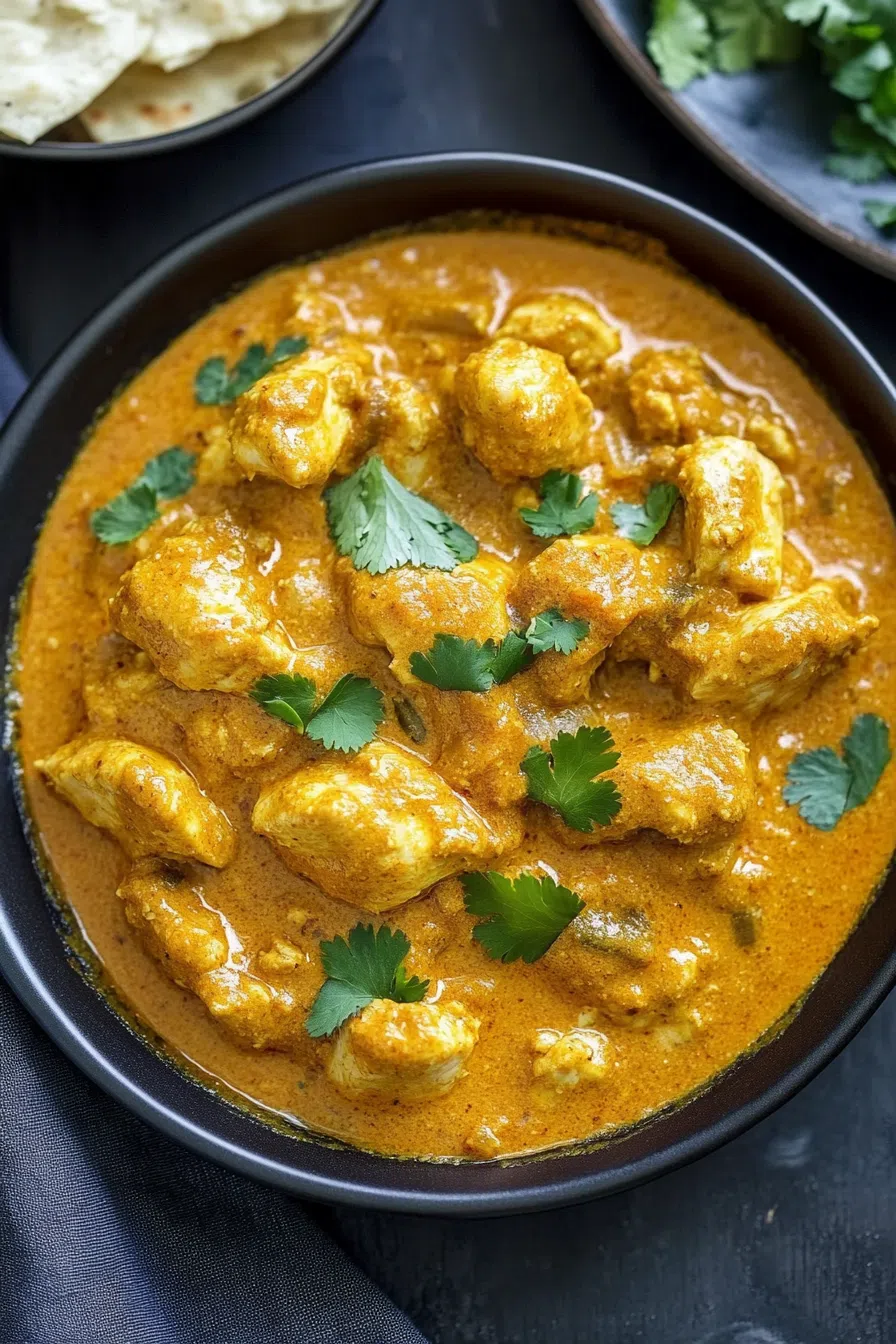A bowl of creamy, spiced curry garnished with fresh herbs.