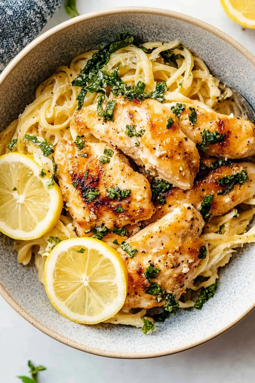 A beautifully plated dish with crispy chicken, garnished with fresh herbs and lemon slices.