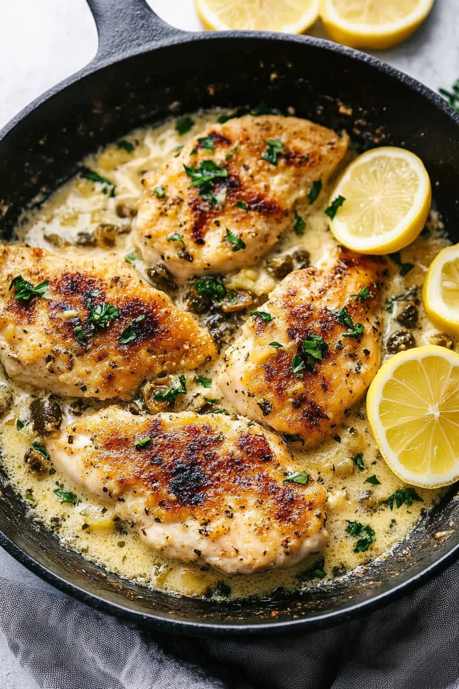 A skillet filled with golden, pan-seared chicken simmering in a vibrant, buttery sauce.