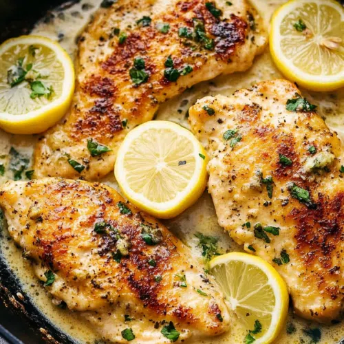 A skillet with golden, pan-seared chicken simmering in a bright, citrus-infused sauce.