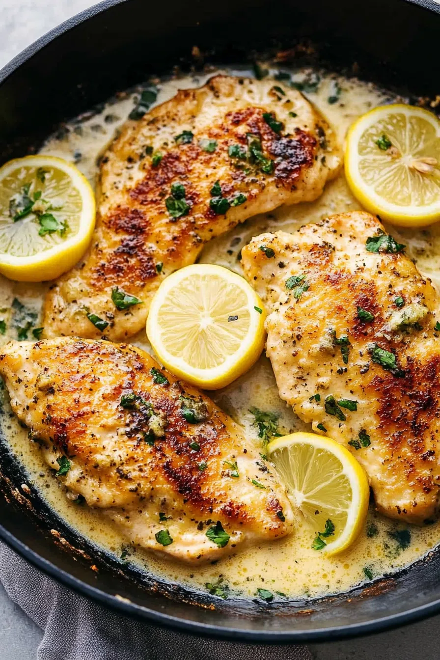A skillet with golden, pan-seared chicken simmering in a bright, citrus-infused sauce.
