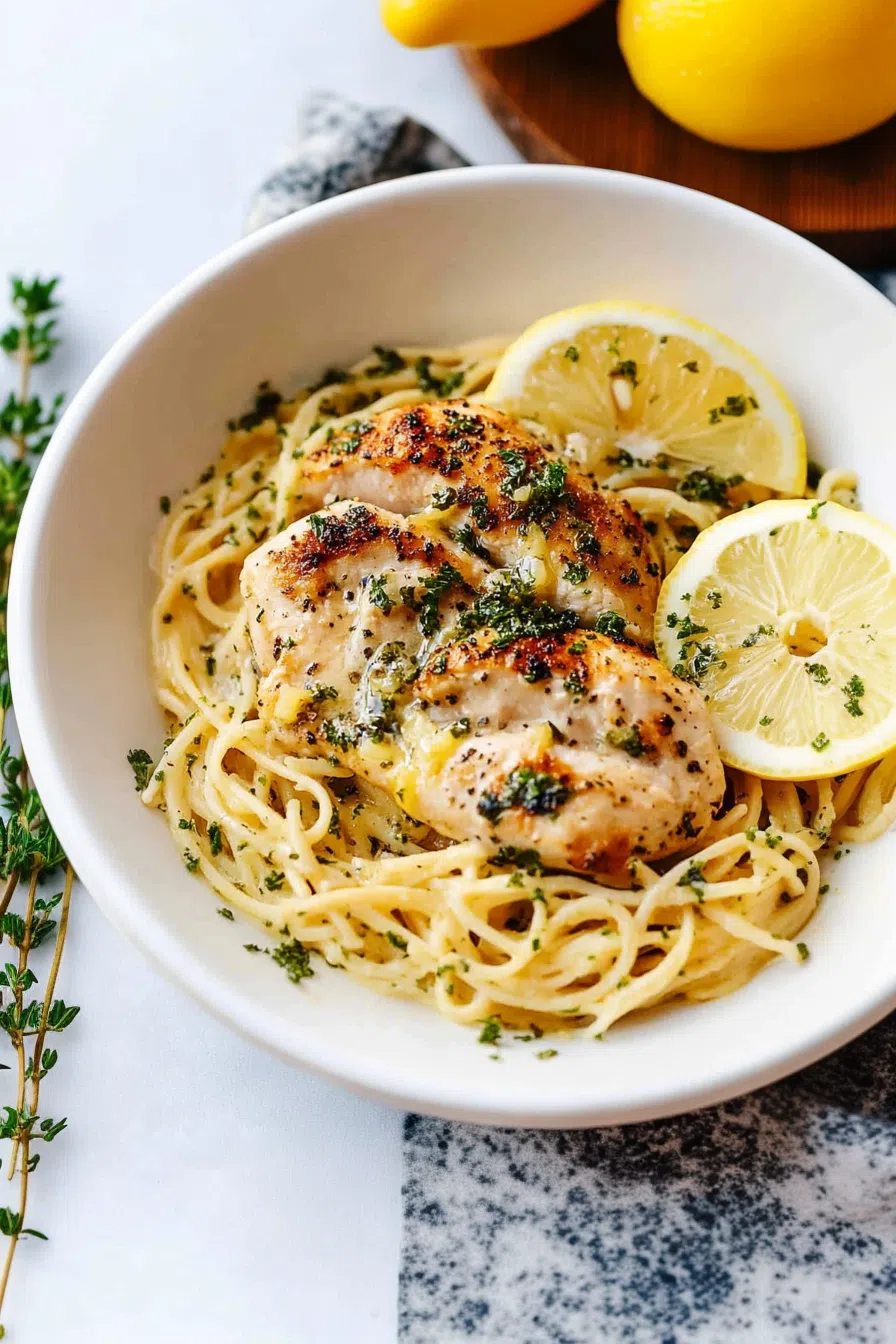 A comforting, home-cooked meal served with a light, tangy sauce and fresh parsley.