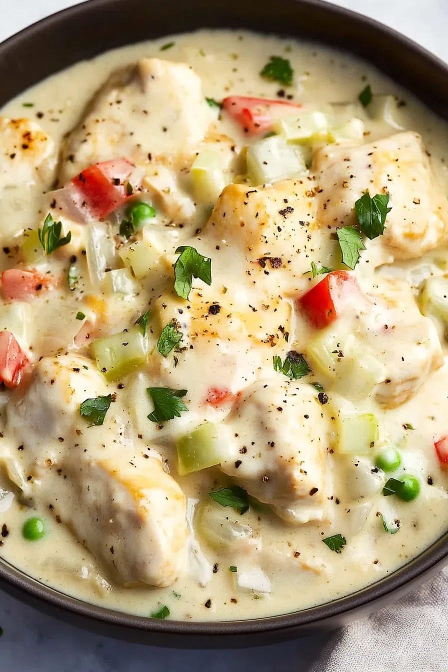 Close-up of a rich, savory chicken and mushroom filling with a golden crust.