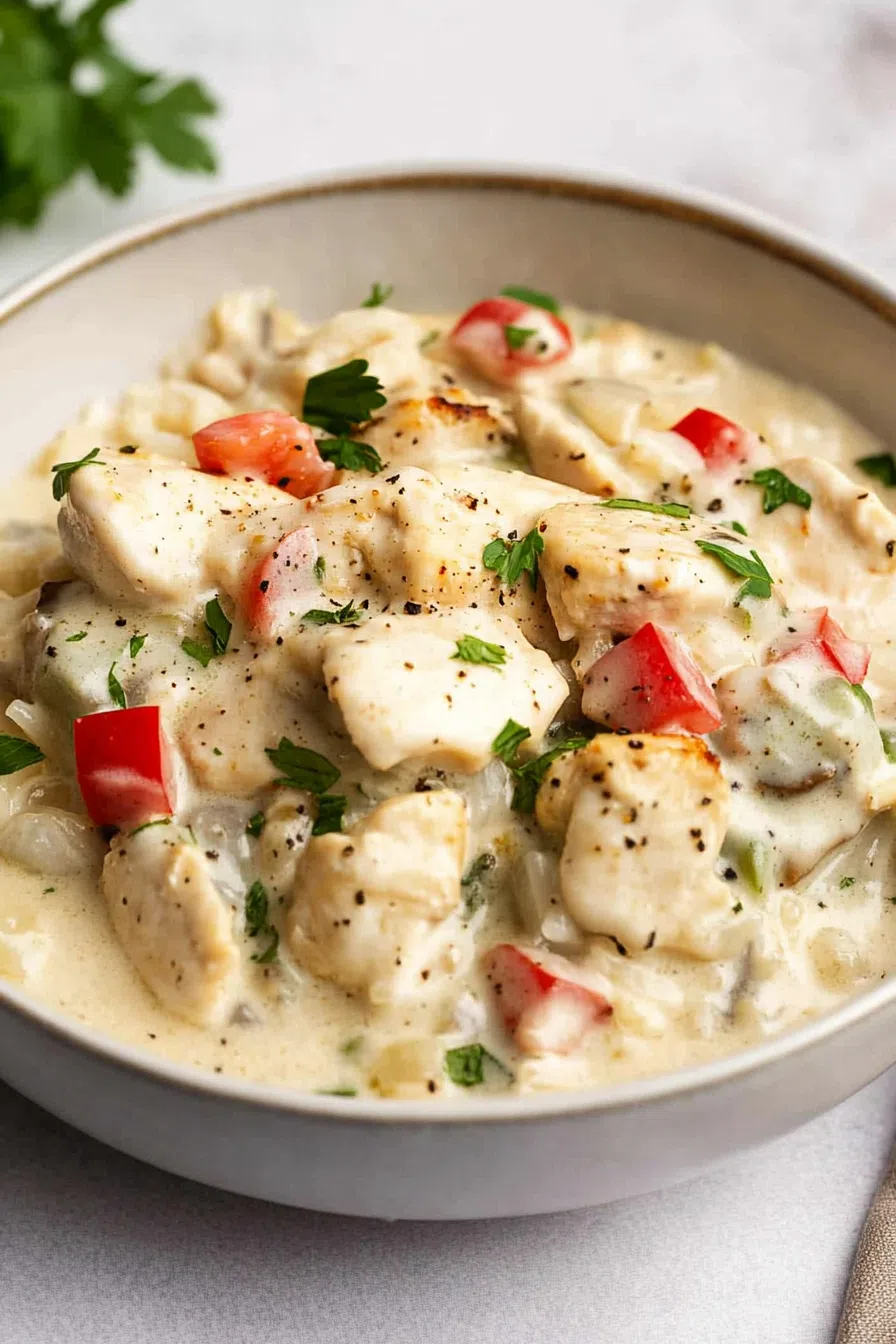 Creamy chicken and vegetable mixture served in a shallow white bowl.