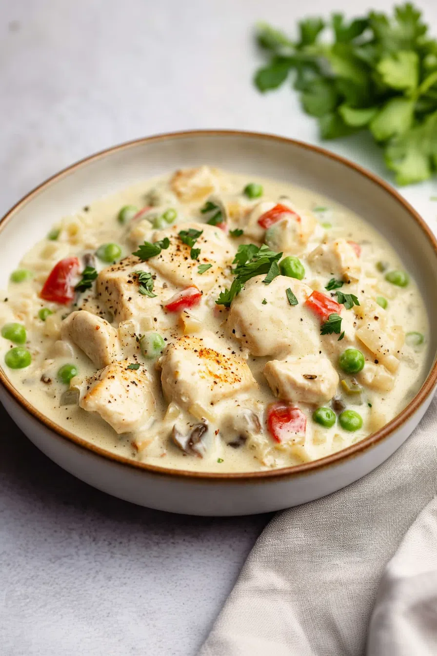 Dinner table setting featuring a bowl of creamy chicken and vegetable stew.