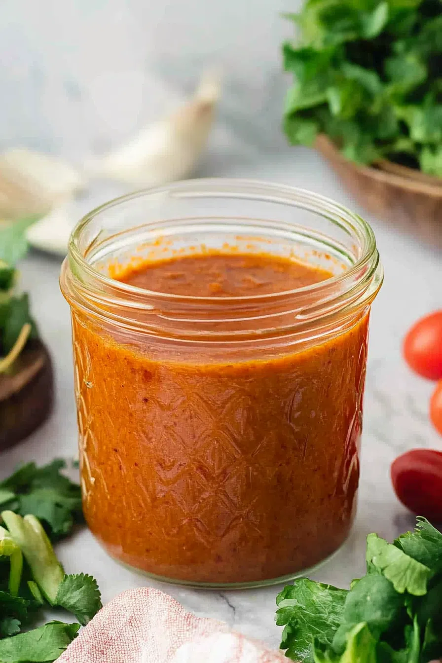 A small glass jar filled with a rich, golden dressing.