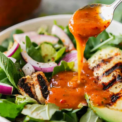 A spoon drizzling thick, smoky vinaigrette into a bowl.