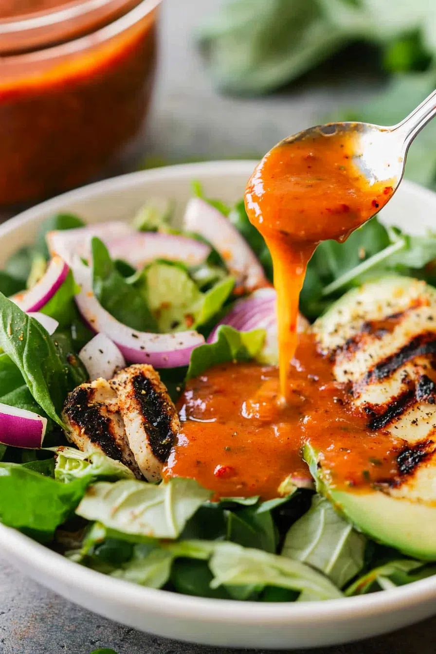 A spoon drizzling thick, smoky vinaigrette into a bowl.