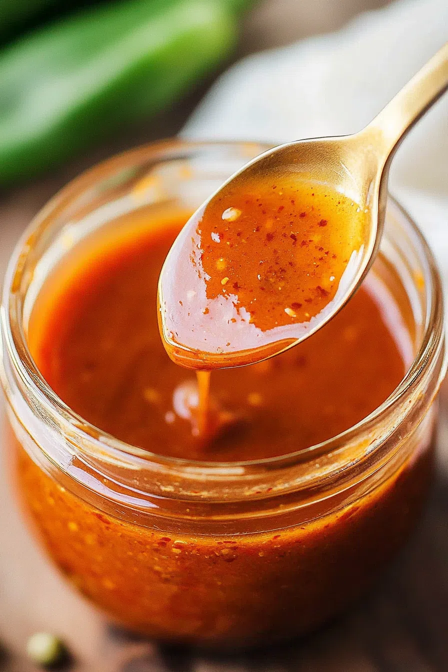 A spoon lifting thick, glossy vinaigrette from a small jar.