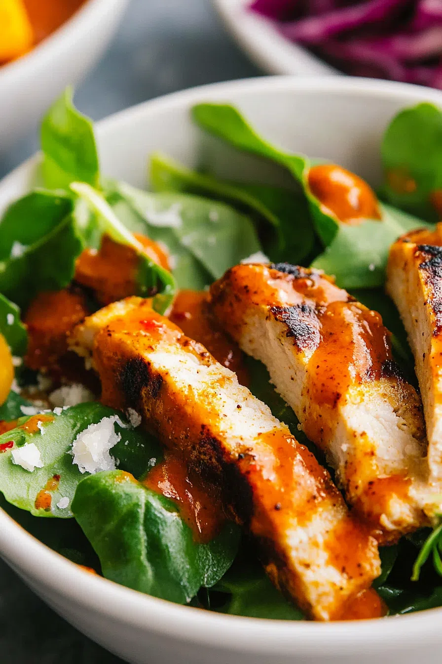A drizzle of vibrant dressing being poured over a colorful salad.